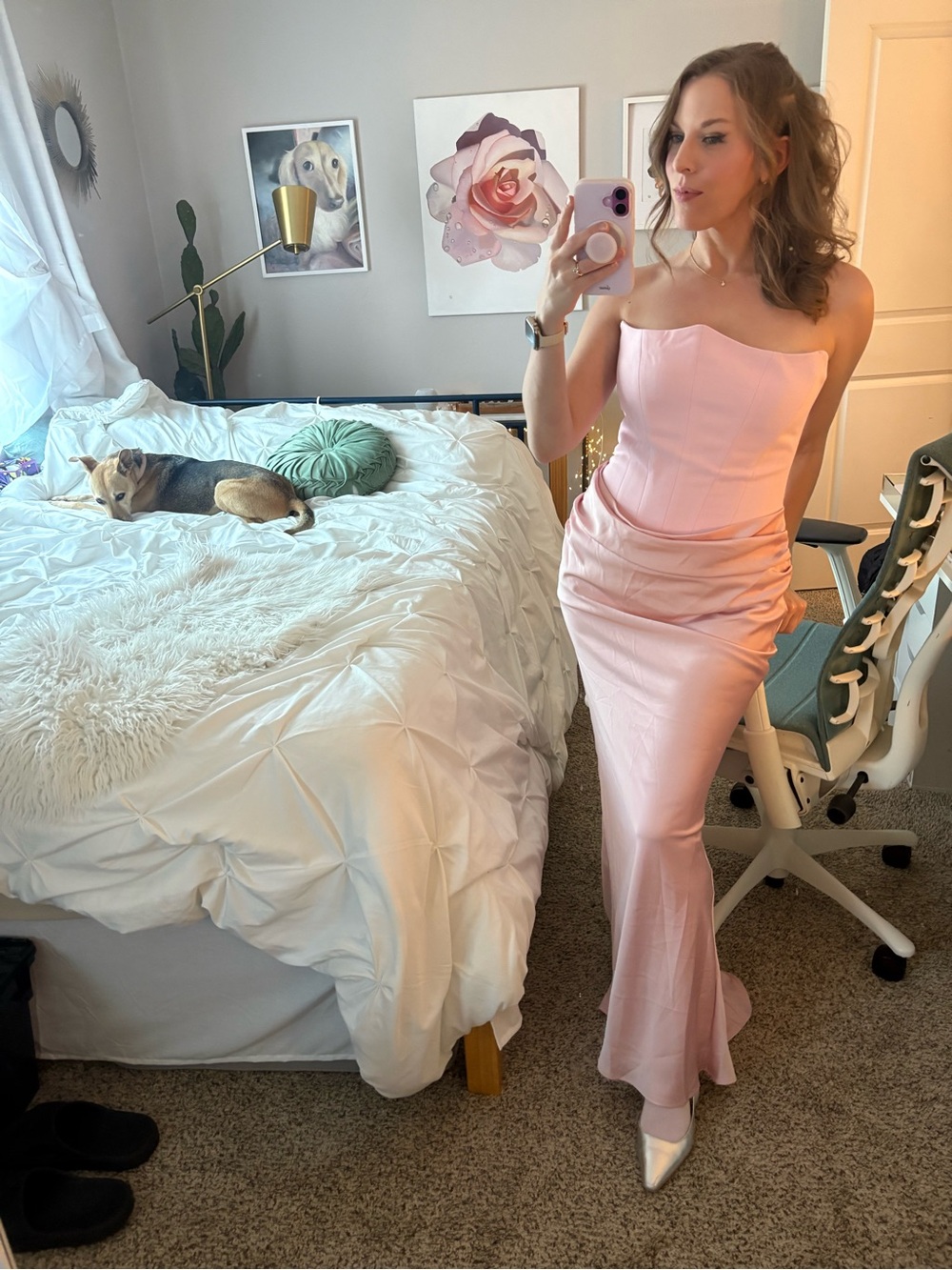 Strapless Pink Satin Evening Gown - Picture 2 of 11
